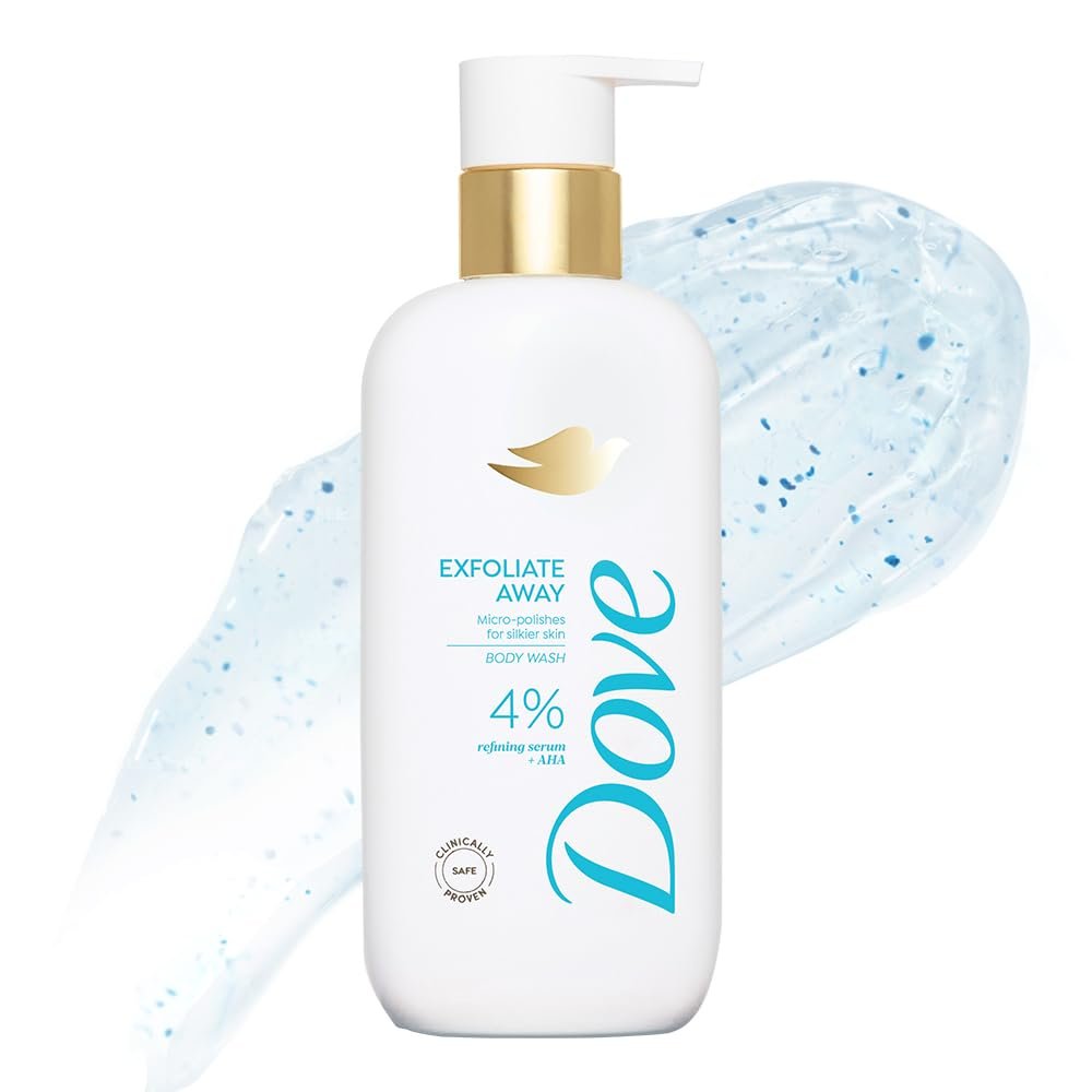 Dove Exfoliate Away Serum Body Wash | 4% Refining Serum Mysore Sandal Soap pack of 3 (450 g)