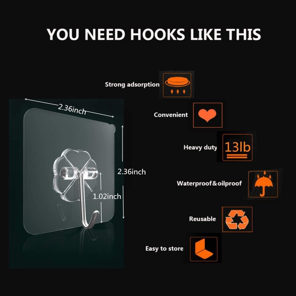 KUCHYNE Adhesive Hooks 13.2LB(Max) Heavy Duty Self Adhesive Hooks Transparent Home & Kitchen:
ʼwall hooks for bathroomʼ