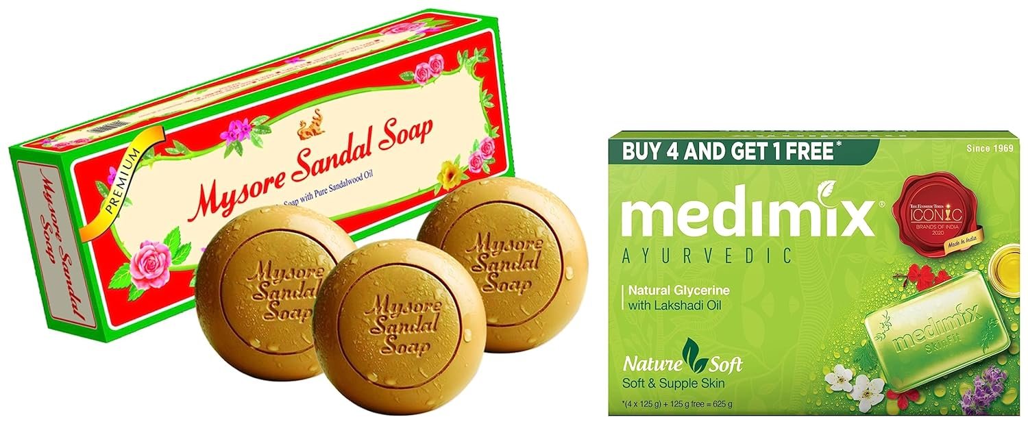 Medimix Ayurvedic Glycerine Soap, 125g (Pack Of 5) and Mysore Mysore Sandal Soap pack of 3 (450 g)