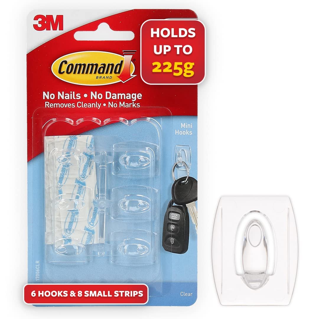 3M Command Clear Mini Wall Hooks, holds 225gms, Damage free, Home & Kitchen:
ʼwall hooks for bathroomʼ