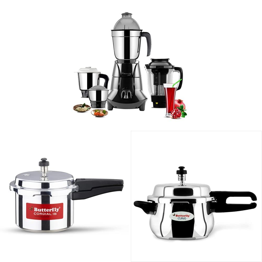 Butterfly Jet Elite Mixer Grinder, 750W, 4 Jars (Grey) & Butterfly Curve 3 Litre Pressure Cooker