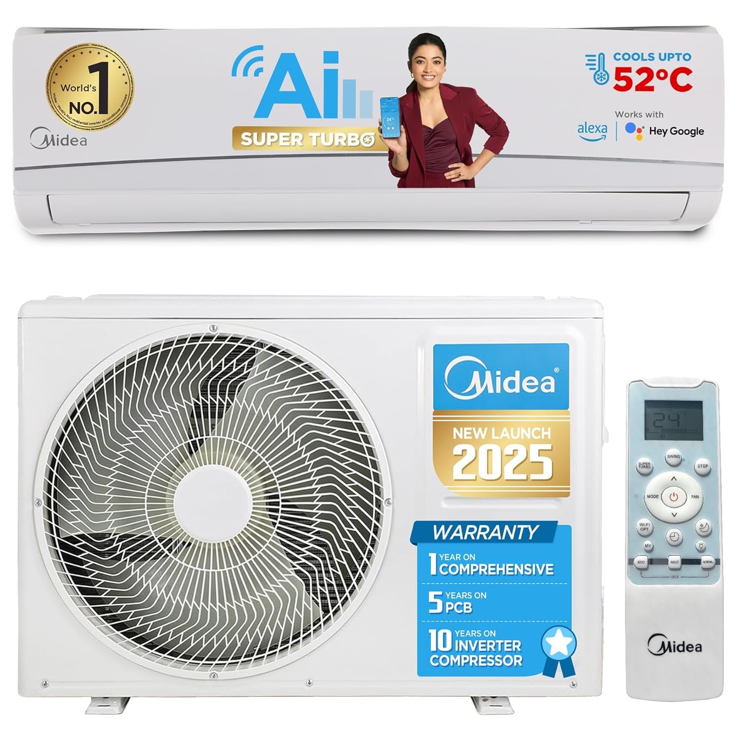 Midea 1 Ton 3 Star AC, Smart Wi-Fi AI Inverter Samsung 183 L 5‑Star Single Door Refrigerator