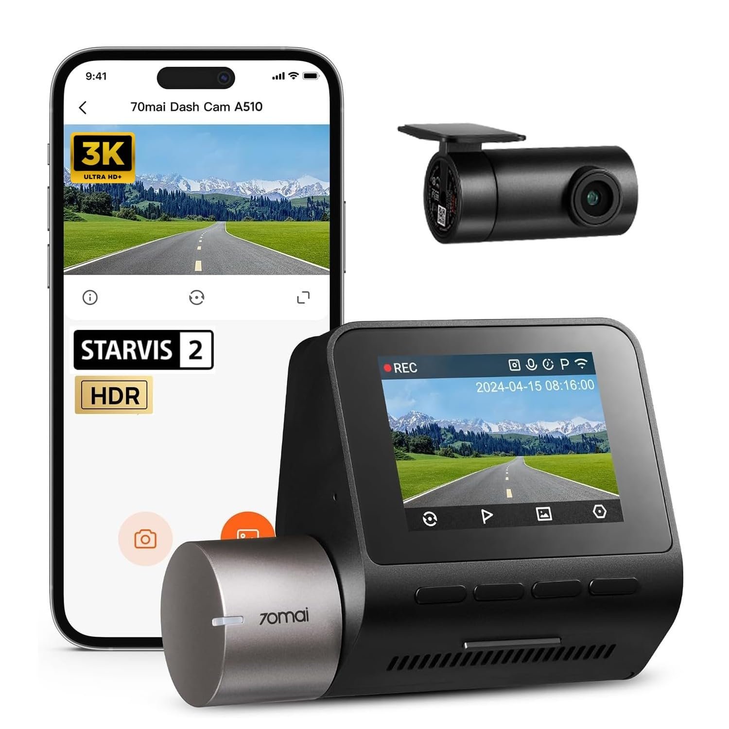 70mai A510 HDR 3K Dual Channel Dash Cam, STARVIS 2 electronics