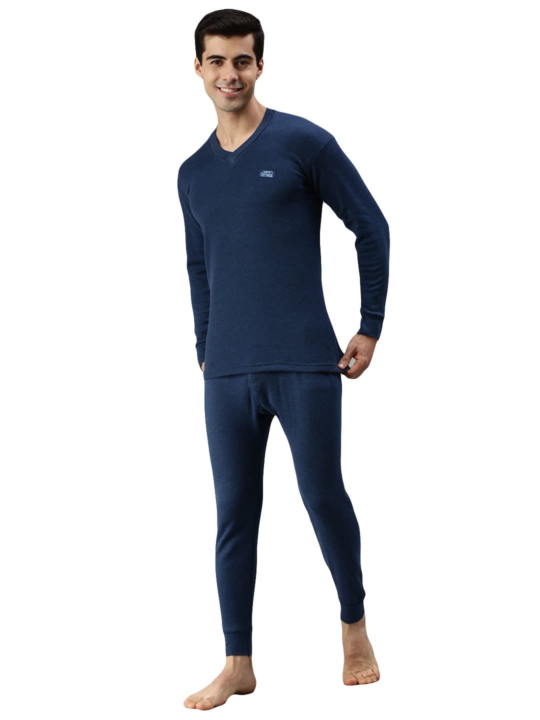 Lux Cottswool Men's Blue3 V Neck Full Sleeves Premium Thermal Lux Cottswool Menʼs Cotton Thermal Set