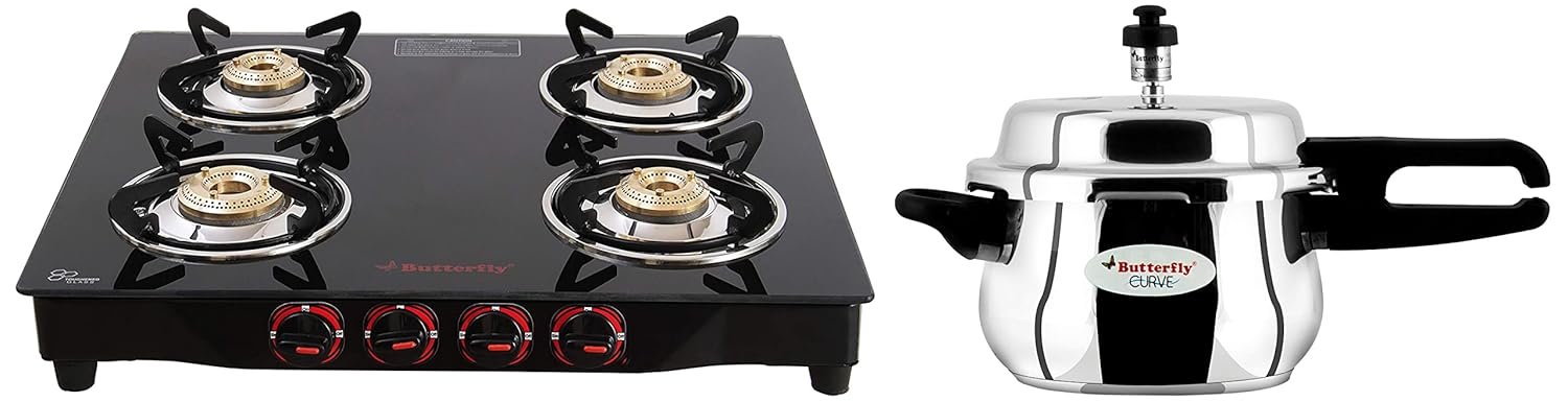 Butterfly Smart Glass 4 Burner Gas Stove, Black, Manual & Butterfly Curve 3 Litre Pressure Cooker