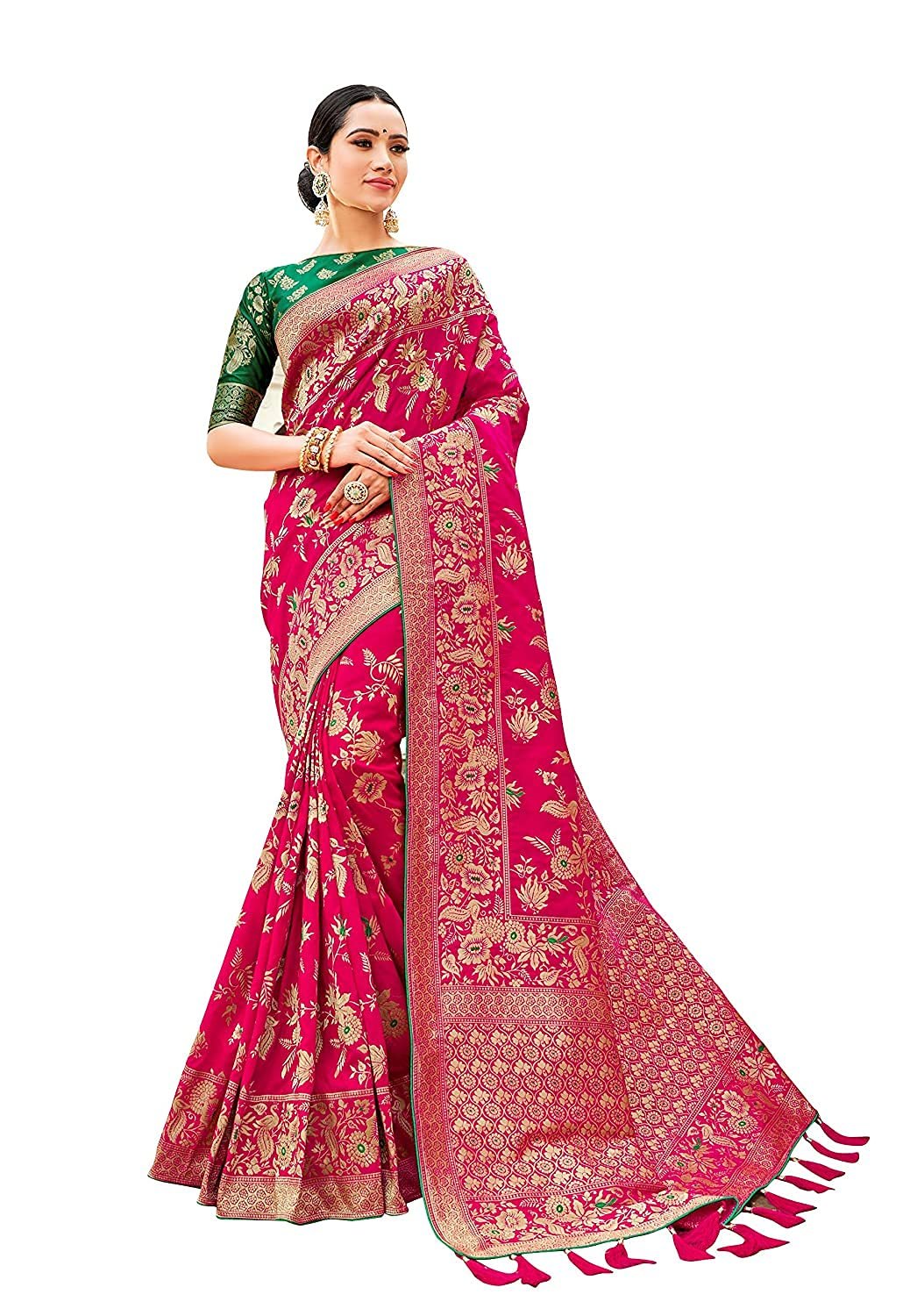 Monjolika Fashion Women's Banarasi Silk Blend Woven Zari With Tussles fashion
