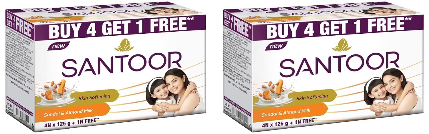 Santoor Sandal and Almond Milk Soap (Buy 4 Get 1 Mysore Sandal Soap pack of 3 (450 g)