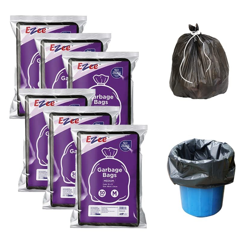 Ezee Flat Garbage Bags Medium Black 180 Pcs | 19 ʼgarbage bags medium 30 pcsʼ