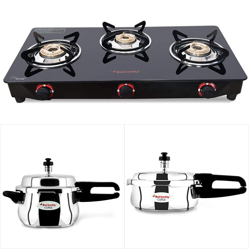 Butterfly Smart 3 Burner Gas Stove & Curve 2 And Butterfly Curve 3 Litre Pressure Cooker